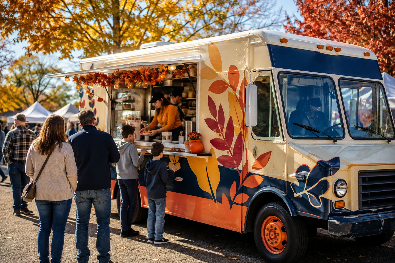 Food truck serving families at a fall festival